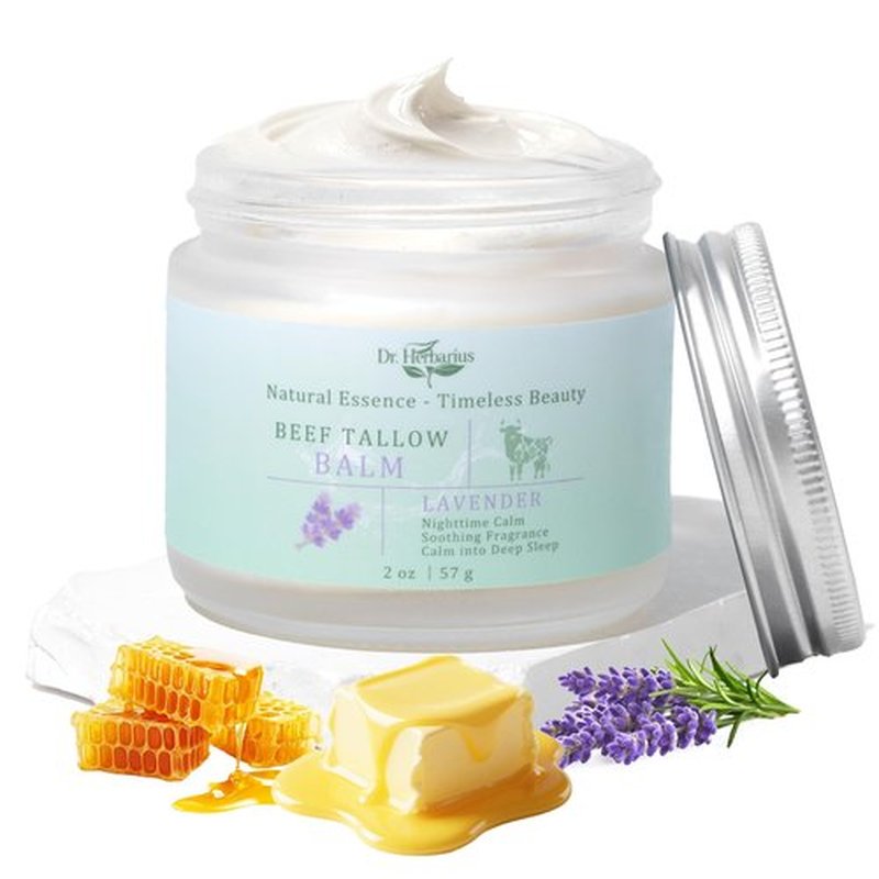 Dr.Herbarius Beef Tallow for Skin—Whipped Tallow Face Moisturizer for Night Calming & Soothing, 100% Organic, Pure Natural, Handmade Cream Texture, Suitable for Oily&Mature Skin, Lavender, 2 Oz.