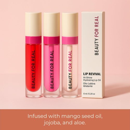 Beauty For Real Lip Revival Hi-Shine Hydrating Lip Oil, Raspberry Beret (Transparent Pink) - Lightweight - Non-Sticky, Shiny Finish - Paraben Free, Cruelty Free, Vegan