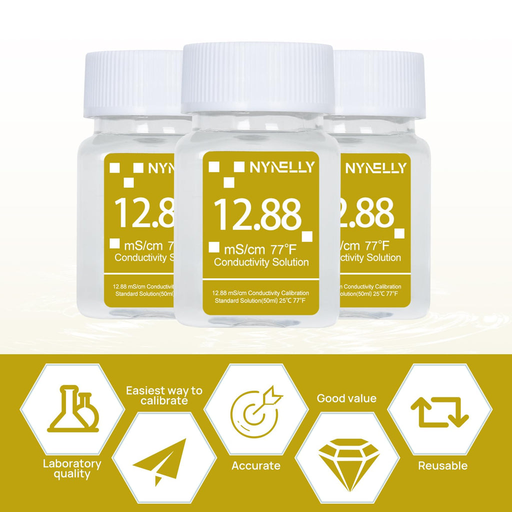 Nynelly 12.88 mS/cm Calibration Solution, Conductivity Salt Standard Buffer Solution for Salinity Tester, EC Meter, TDS Meter, Pool Salt Tester, Precise and Easy Calibration,3 Bottles of 50 ml