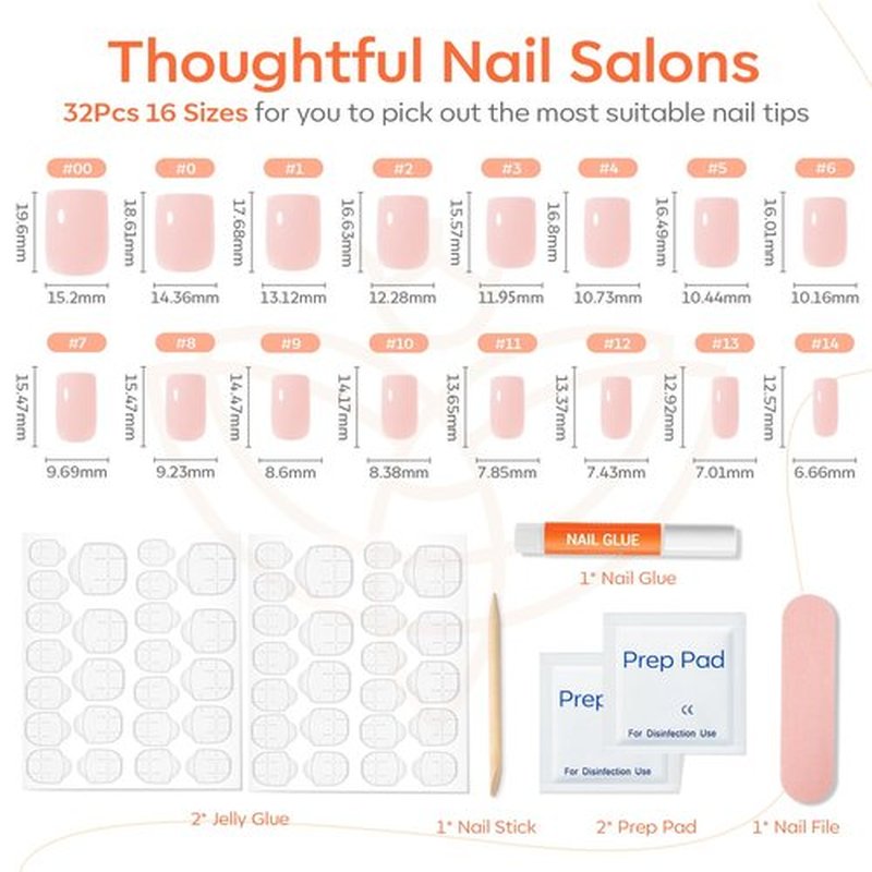 Modelones Pink Press-On Nails - Reusable Short Square Fake Nails Kit with Glue & Mini File | 32 Pcs, 16 Sizes