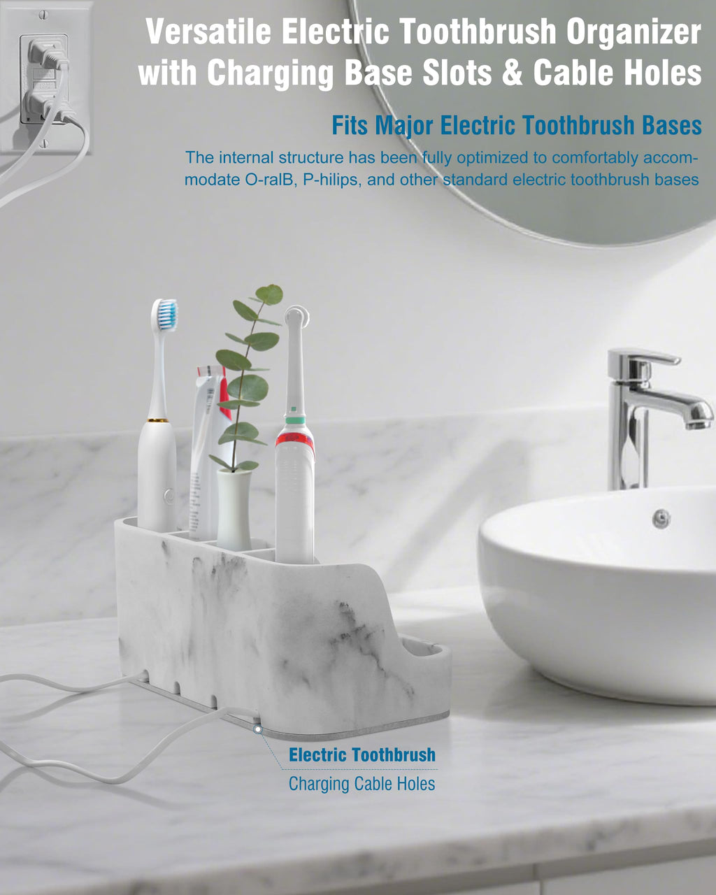 Electric Toothbrush Holder with Instant-Dry & 6 Slots | Upgrade Heavy-Duty Large Countertop Organizer with Cable Holes, Fits Most Electric & Manual Toothbrushes (Marble White)