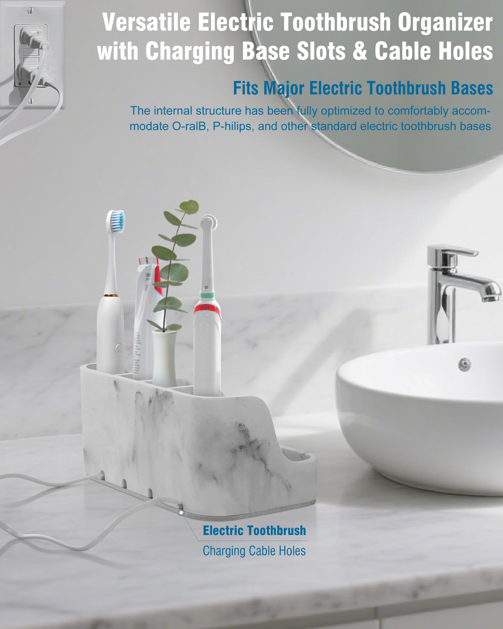 Electric Toothbrush Holder with Instant-Dry & 6 Slots | Upgrade Heavy-Duty Large Countertop Organizer with Cable Holes, Fits Most Electric & Manual Toothbrushes (Marble White)