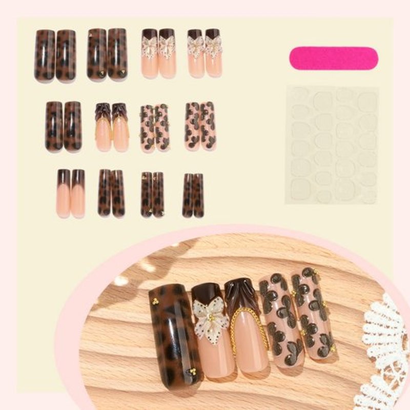 SEENEEY Long Press on Nails Square Fake Nails Brown Artificial Nail 3D Floral Designs Leopard Stick on Nail for Women 24pcs