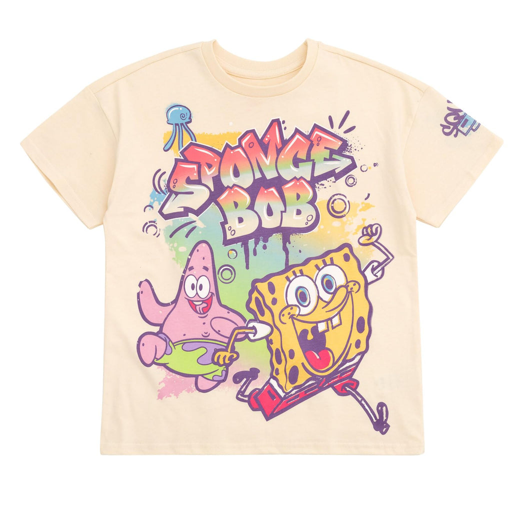 SPONGEBOB SQUAREPANTS Big Girls T-Shirt and French Terry Shorts Outfit Set Graffiti Beige/Yellow 10-12