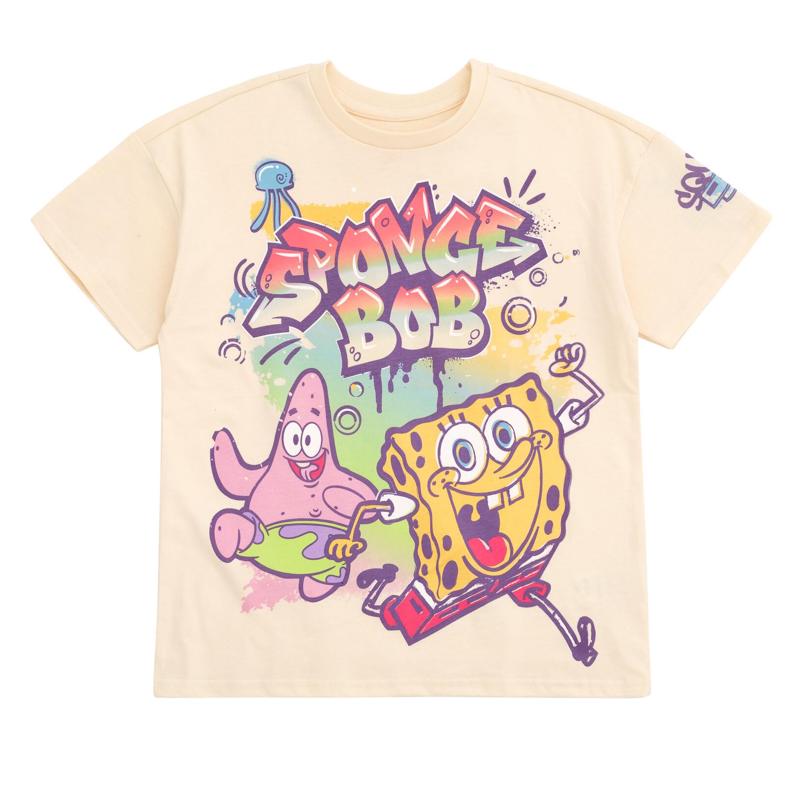 SPONGEBOB SQUAREPANTS Big Girls T-Shirt and French Terry Shorts Outfit Set Graffiti Beige/Yellow 10-12