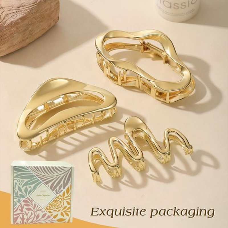 3 PCS Large Gold Metal Hair Claw Clips, Non-Slip Hair Catch Barrette Jaw Clamp Clips for Women Girls, Durable & Elegant French Banana Hair Clips for All Hair Types, Cute Claw Clips