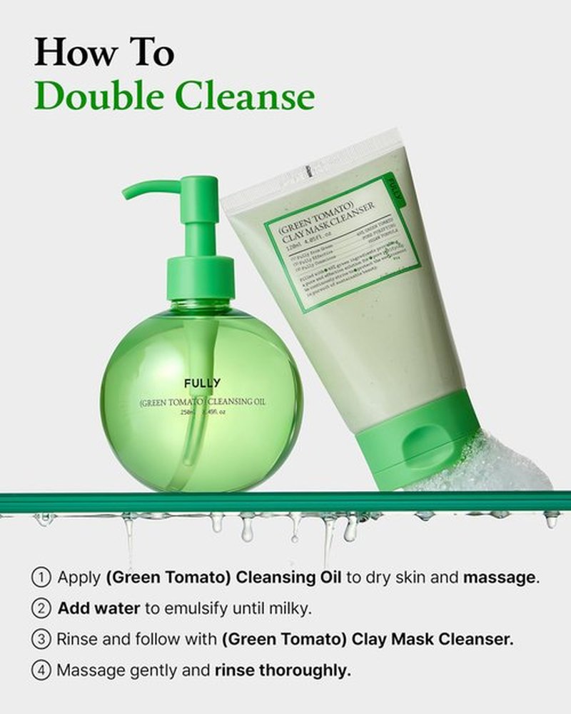 FULLY Green Tomato Pore Cleansing Oil, Daily Oil Cleanser with BHA & Green Tomato for Makeup Removal, Sebum Control, Blackhead Removal for Sensitive Skin, Vegan Korean Skincare, 8.45 fl.oz