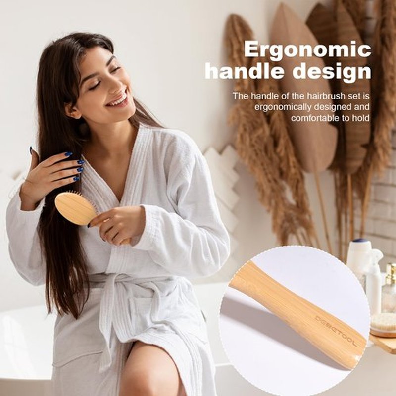 DEBETOOL Bamboo Hair Brush and Comb Set - Natural Wooden & Bamboo Brush for Hair Growth with Wide-tooth Tail Comb, Ergonomic Design for (Thick/Thin/Curly/Dry Hair) - Wooden Comb for Women Gift Kit