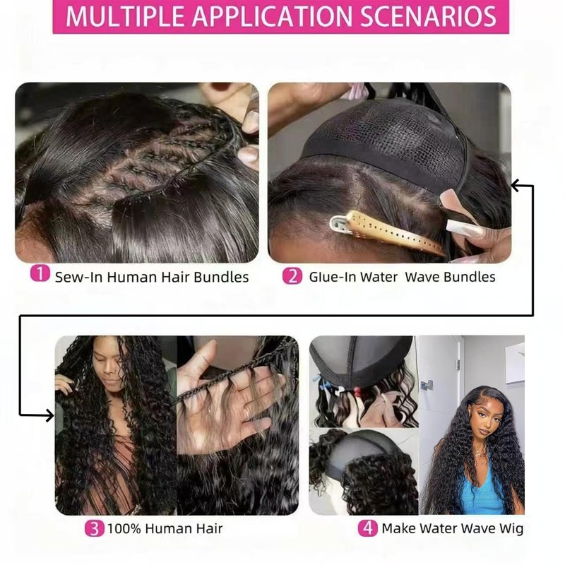 Water Wave Bundles with Closure 12A Brazilian 5 x 5 HD Lace Closure 100% Human Hair (12 14 16+12) Closure Free Part Wet and Wavy Bundles with Natural Color