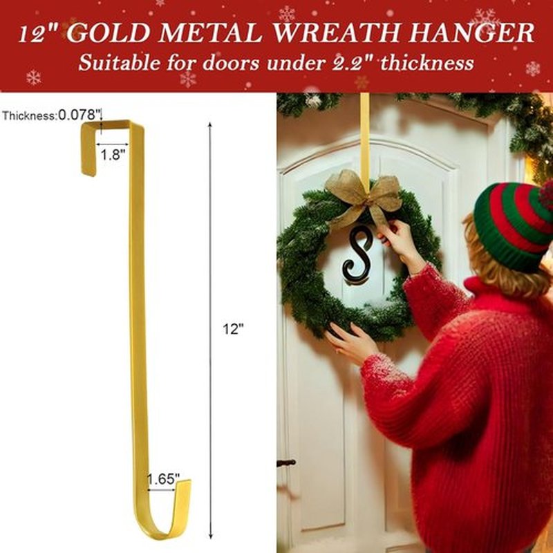 Metal Wreath Hanger - 12" Heavy Duty Over-the-Door Hook for Seasonal Decorations | Gold Finish