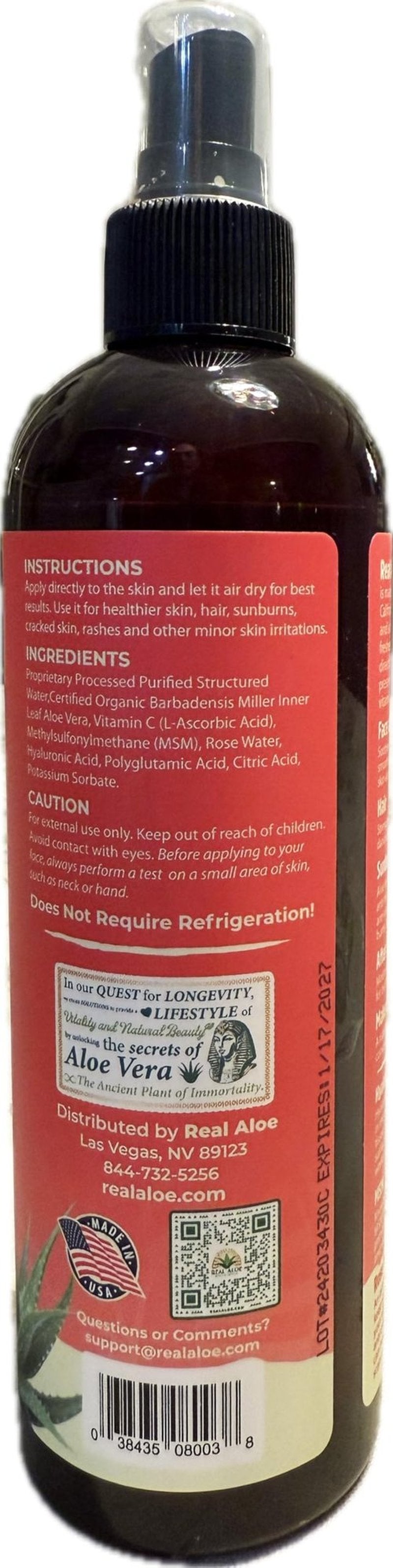 Real Aloe Aloe Vera Toner Spray (12 fl oz) | Certified Organic California-Grown Aloe | Hydrating Facial Toner & Mist for Skin & Hair | After Sun, After Shave & Makeup Removal | Made in USA