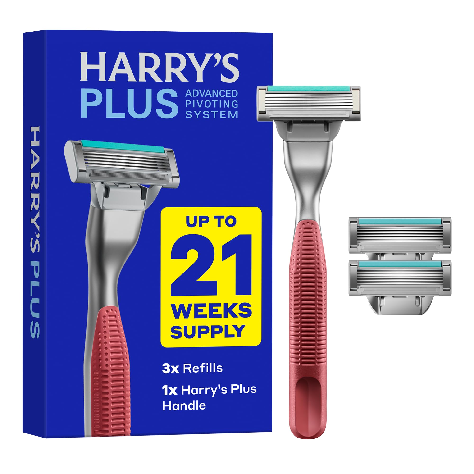 Harry's Plus Razor Shaving Kit for Men - Premium Handle and 3 Razor Blade Cartridges - Advanced Pivoting System - Clay