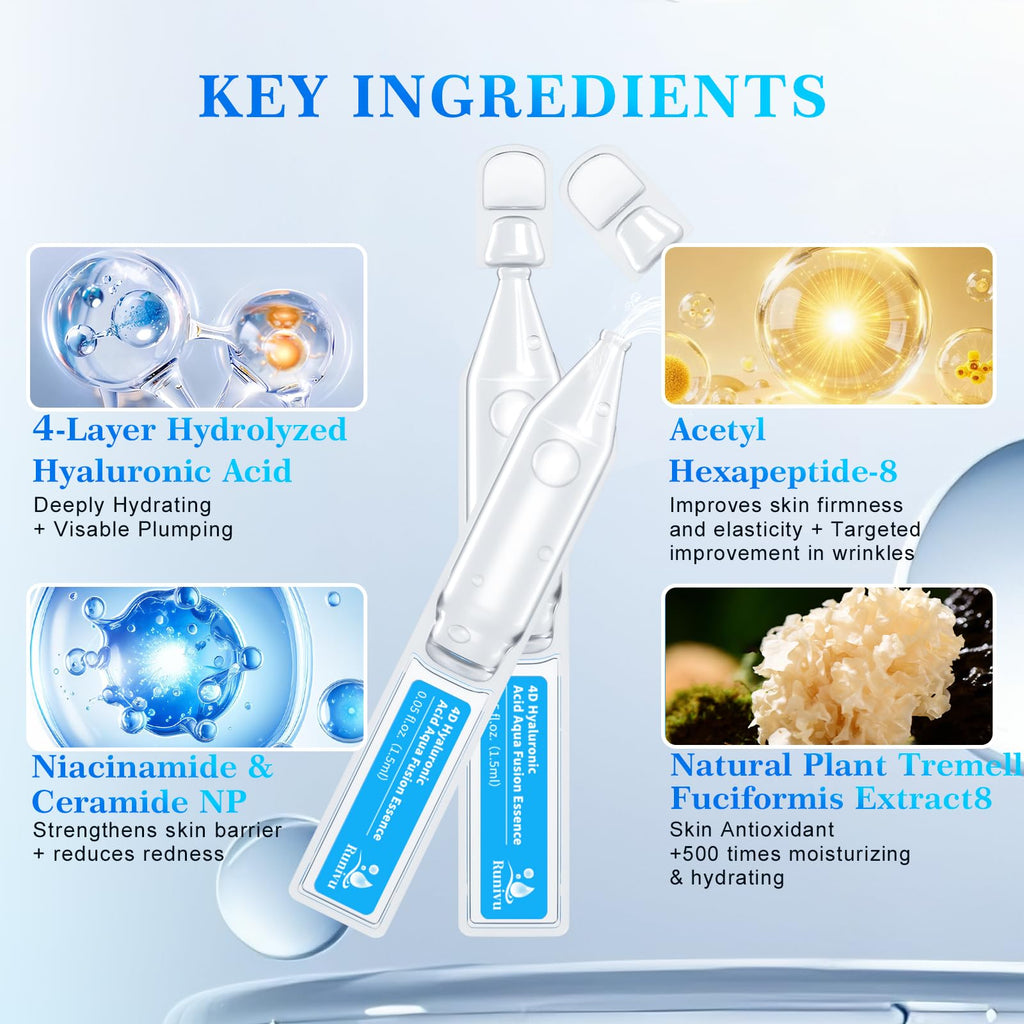 Burgift Hyaluronic Acid Serum for Face, 3% 4D Deep Hydrating Facial Ampoules in 30 Single-Use Vials, Plumping Moisturizer & Pre-Makeup Prep