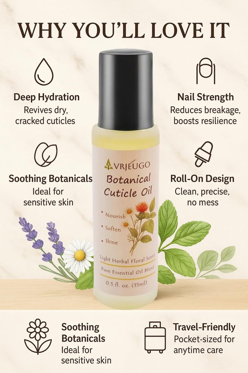 VRJEUGO Cuticle Oil Roll-On for Nails & Cuticles – 100% Natural Nourishing Formula with Chamomile, Lavender & Lemon Balm – Moisturizes Dry Skin, Strengthens Nails – Mess-Free, Fast-Absorbing – 15ml