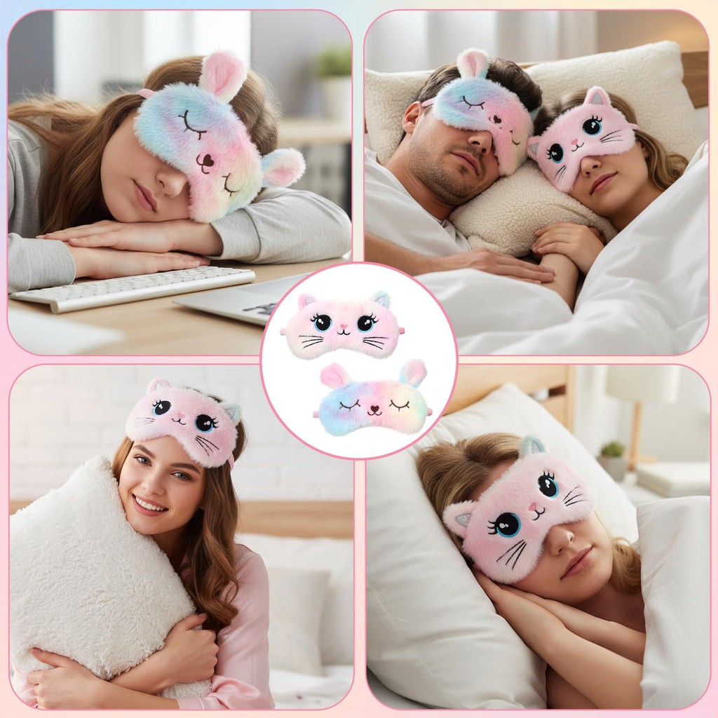 Plush Sleep Mask, 2 Pcs Cute Soft Sleeping Eye Mask Colorful Plush Eye Covers for Sleeping Comfortable Funny Animal Night Sleep Masks for Women Home Travel Sleepover Party (Cat, Rabbit)