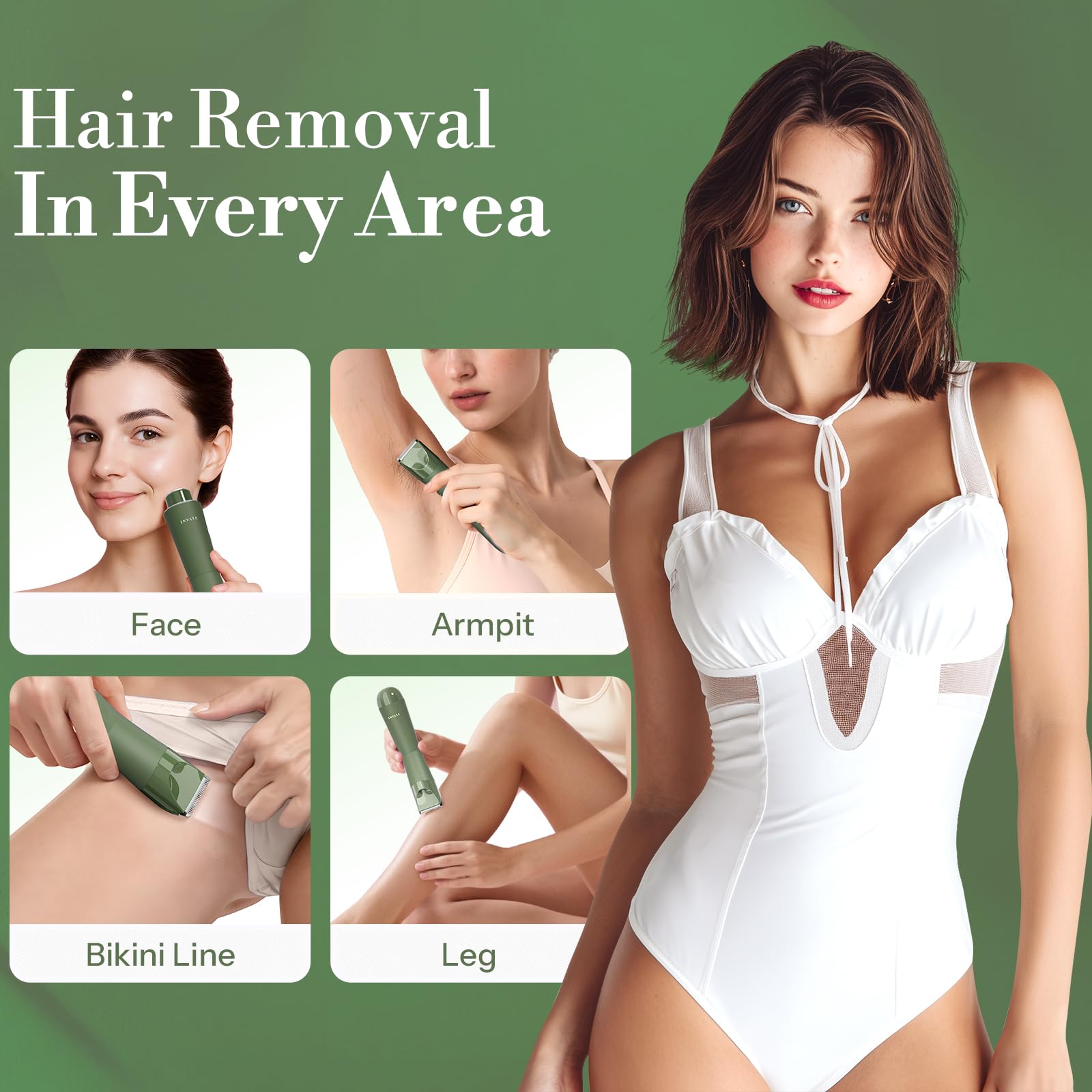 Bikini Trimmer for Women, 2 in 1 Electric Shaver for Women, Pubic Hair Trimmer Waterproof IPX7 with LED, Bikini Razor for Leg Arm Underarm Bikini Area, Pull Bows Gift Box for Friends (Cypress Green)