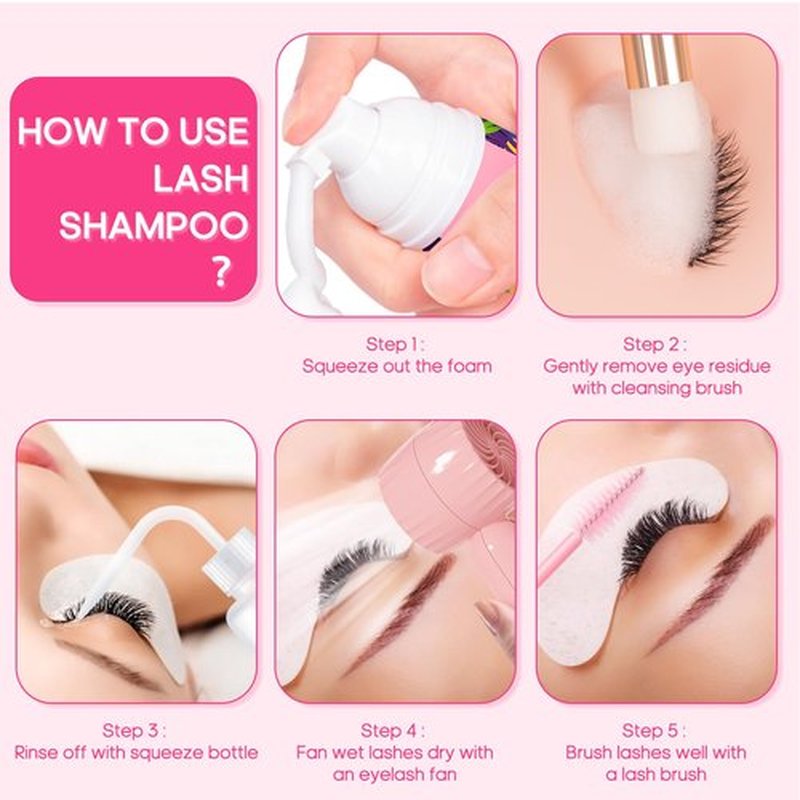 Buqikma Lash Cleaning Kit - Lash Shampoo Kit Eyelash Extension Cleanser for Extensions 60ML with Rechargeable Handheld Lash Fan Dryer Mascara Brush Rinse Bottle Makeup Cleansing Foam for Lash Care