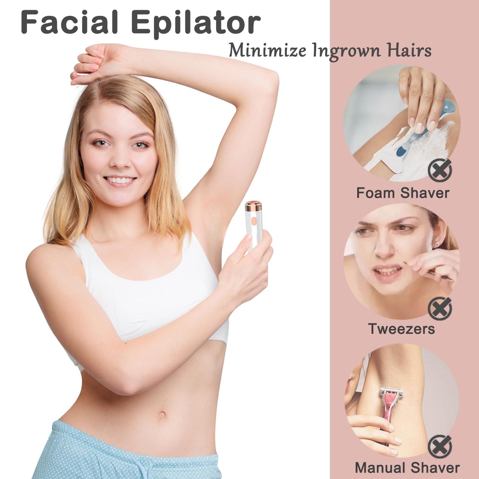 Epilators Hair Removal for Women - Smooth Glide Epilator and Removal 2-in-1 - Mini Size Epilating Plucker for Face Armpits Back Portable Smooth Skin Hair Free Epilation System (White)