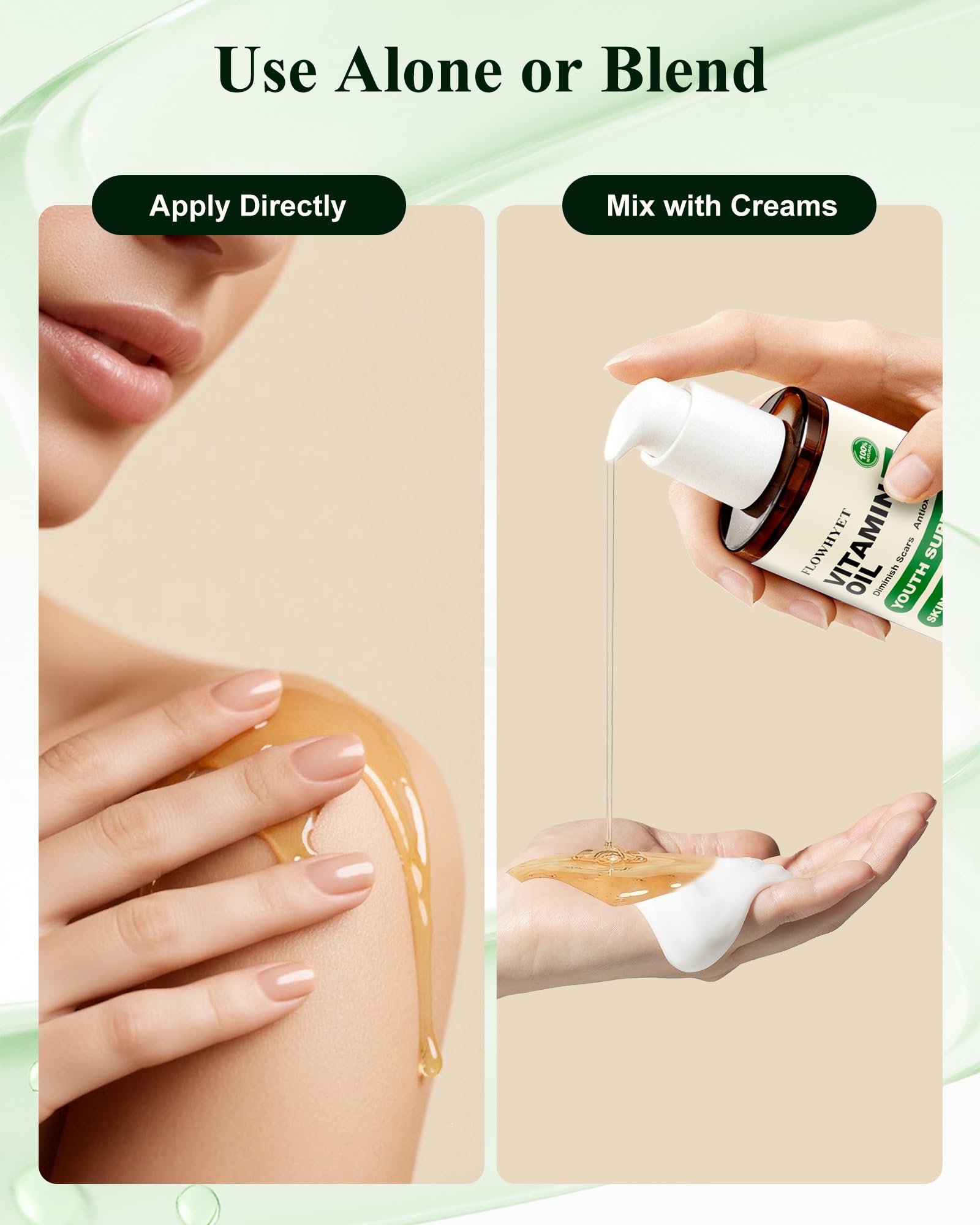 FLOWHYET 16 Floz Pure Vitamin E Oil For Scars, Organic vit e Nail Oil for Face, Skin, Body and Hair, Nourish Dry Skin, Maintain Youthful, Antioxidant, Fade Scars LIGHTWEIGHT - 500ml
