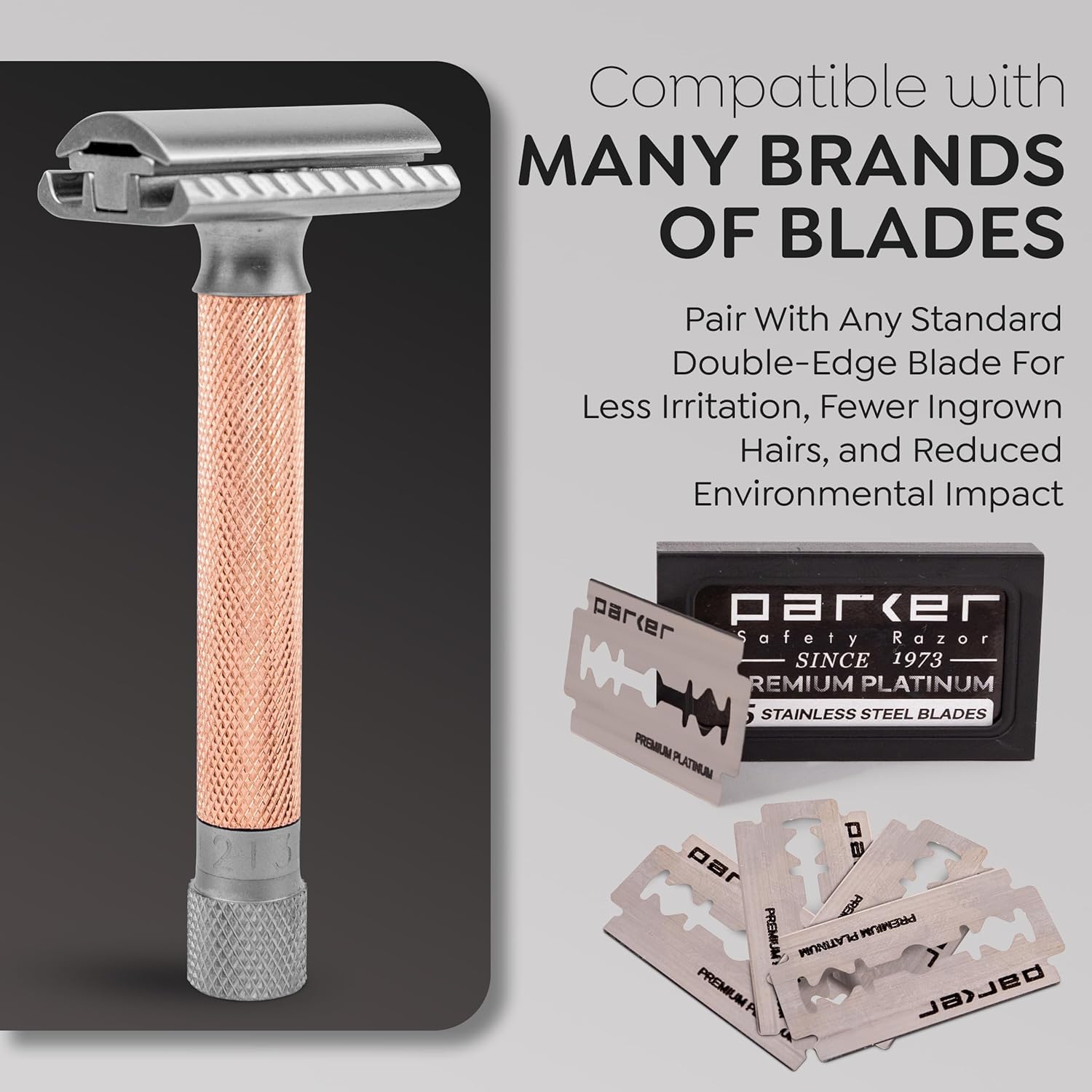 Parker THE VARIANT CLOSED COMB - ADJUSTABLE Double Edge Safety Razor, Customize your Shave with a Turn of the Dial from Mild to Aggressive - 5 Blades Included (ROSE GOLD)