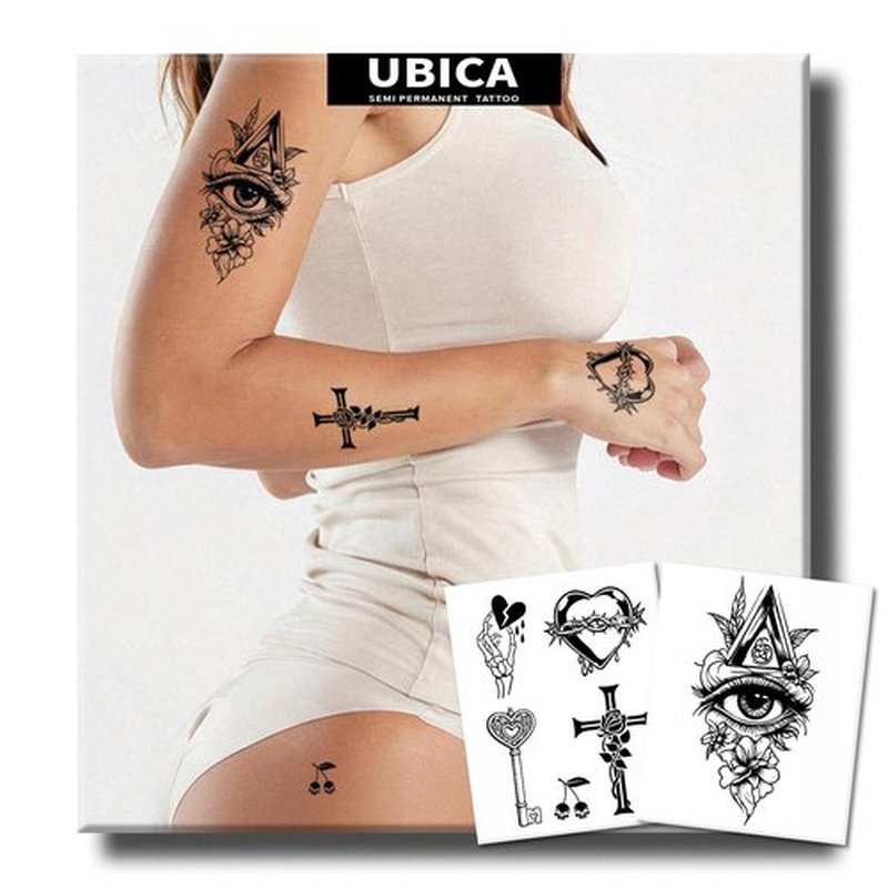 UBICA Semi Permanent Tattoos, 2 Sheets Realistic Temporary for Women, Fake Tattoos for Fingers Hand Calf, Waterproof, No Reflective, Lasts 1-2 Weeks (Heart Key Cross & Mythical Flower Eye Designs)