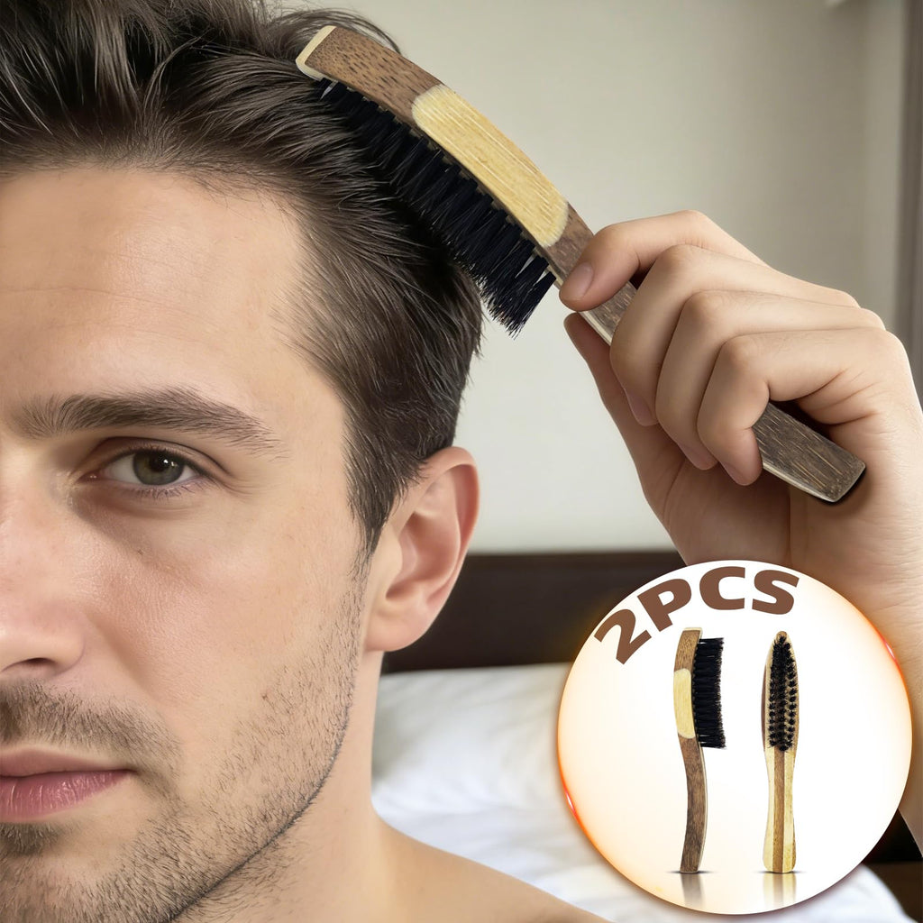 2 Pcs Beard Styling Brush, Bamboo with Natural Boar Bristles Beard & Mustache Brush for Men, Ergonomic Design Detangling Smoothing Tool for Thick Coarse Hair