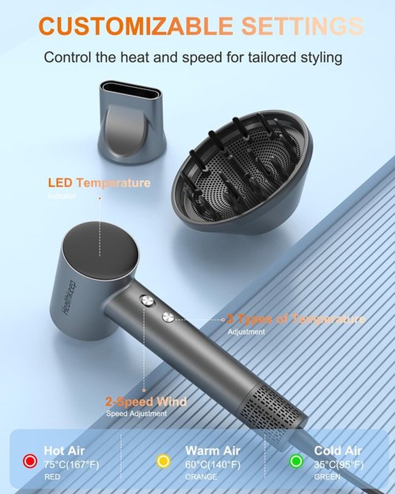 Hair Blow Dryer with Diffuser: 1500W High-Speed Brushless Motor 500M Ionic Technology, Thermo-Control Low Noise for Curly, Straight & Damaged Hair, Home Travel Salon