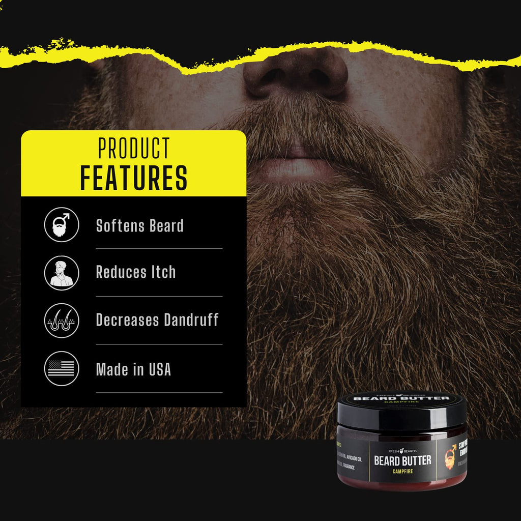 Fresh Beards Campfire Beard Butter - Wood, Sweet Smoke, Fire Fragrance Scent; Anti-Itch Moisturizer & Softener for Healthy Beard Growth