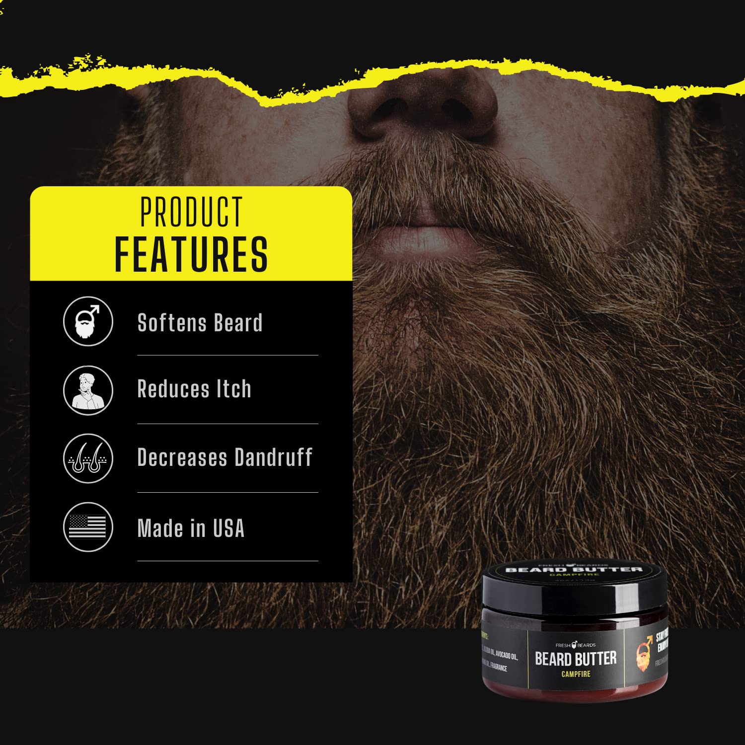 Fresh Beards Campfire Beard Butter - Wood, Sweet Smoke, Fire Fragrance Scent; Anti-Itch Moisturizer & Softener for Healthy Beard Growth