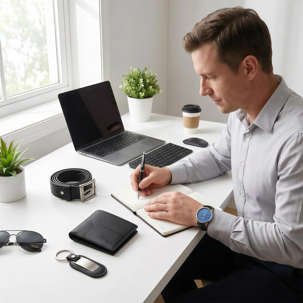 6-Piece Black Men's Set - Sunglasses, Wallet, Watch, Belt, Pen, Key Ring
