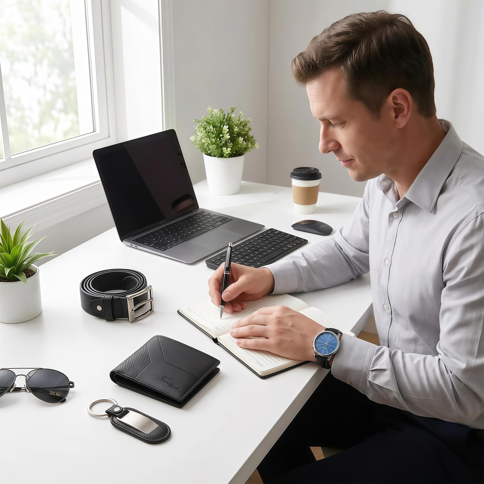 6-Piece Black Men's Set - Sunglasses, Wallet, Watch, Belt, Pen, Key Ring