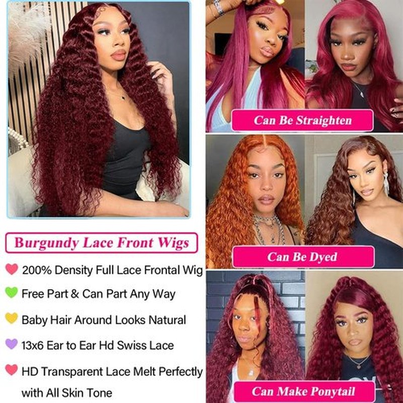 KRKRYQ 22 Inch 99J Burgundy Deep Wave Lace Front Wigs Human Hair 200% Density 13x6 Lace Front Wigs Human Hair Glueless HD Lace Frontal Wigs for Women