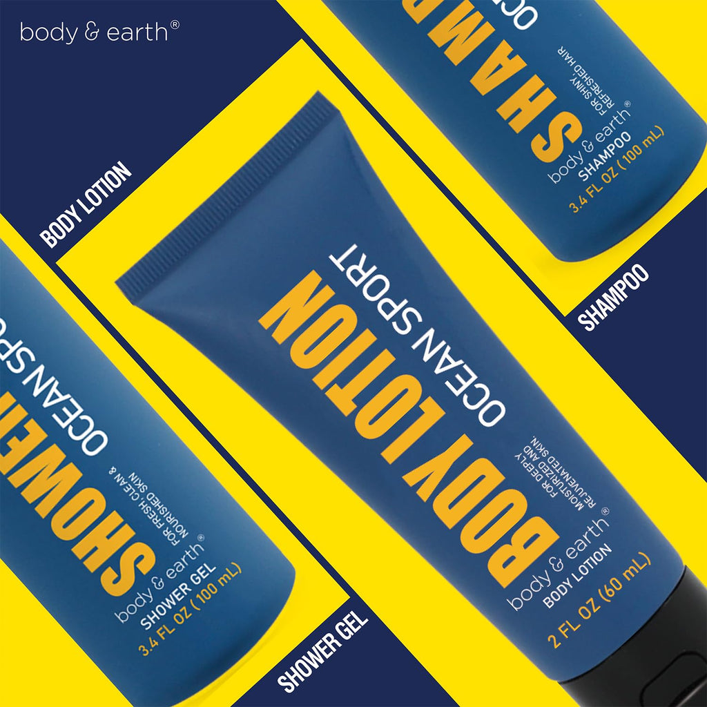 Body & Earth Gift for Men 3pc Fresh Ocean Scented Bath Set Gift Sets for Man Travel Size Toiletries for Men Birthday Gifts for Him Mens Lotion Care Package for Man Christmas Gifts for Husband