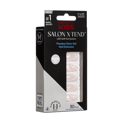 KISS Salon X-tend, Press-On Nails, Nail glue included, 'Red Flags', Light Pink, Medium Size, Almond Shape, Includes 30 Nails, 5Ml Led Soft Gel Adhesive, 1 Manicure Stick, 1 New Mini File, New Prep Pad