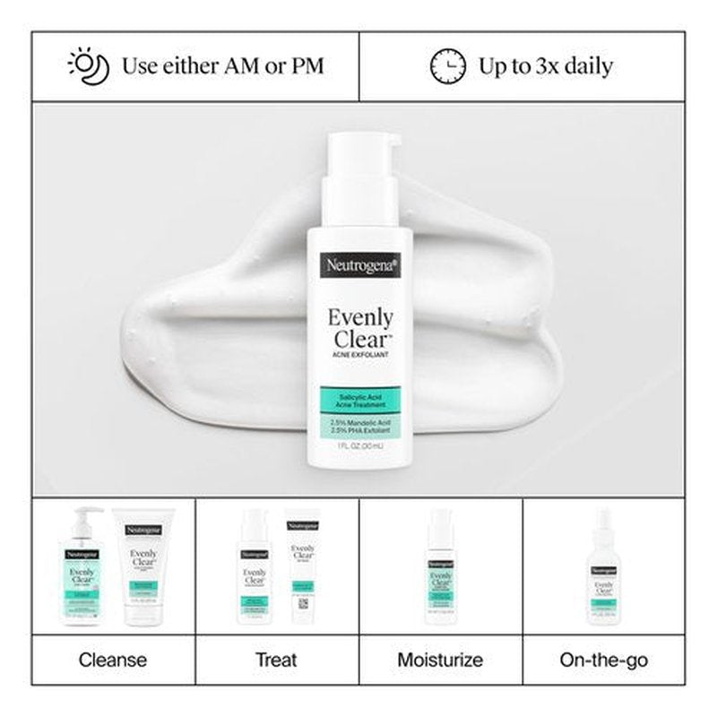 Neutrogena Evenly Clear Acne Exfoliant with Salicylic Acid & Mandelic Acid, Multi-Acid Face Exfoliating Treatment Serum Visibly Fade the look of Post-Acne Marks for A Smooth, Even Skin Tone, 1 fl. oz