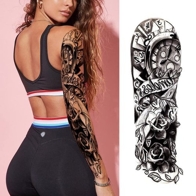 PADOUN Black Totem Flower Skull Temporary Tattoos - 8-Sheet Realistic Sleeve Tattoos for Men and Women, Large Arm Fake Tattoo