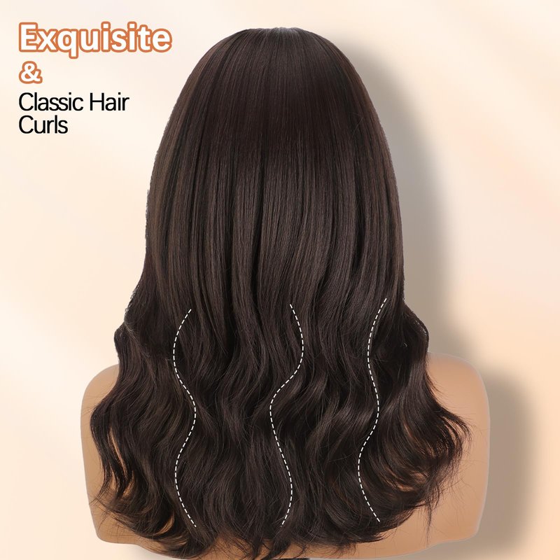 XIXIBI Brown Wigs with Bangs for Women, 4x4 Realistic Scalp Layered Curly Wavy Synthetic Wigs, Free Parting Natural Looking Heat Resistant Wig for Daily Party Use 18Inch