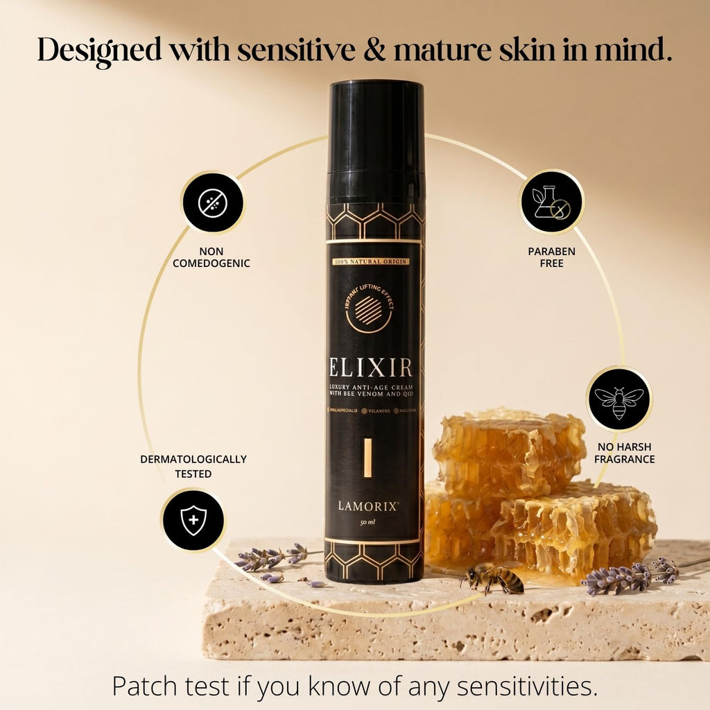 Lamorix ELIXIR Bee Venom Face Cream — Anti-Aging Moisturizer with Hyaluronic Acid, Argan Oil and Coenzyme Q10 — Lightweight Firming Face Lift Cream — EU Made, Dermatologically Tested, 1.7 fl oz