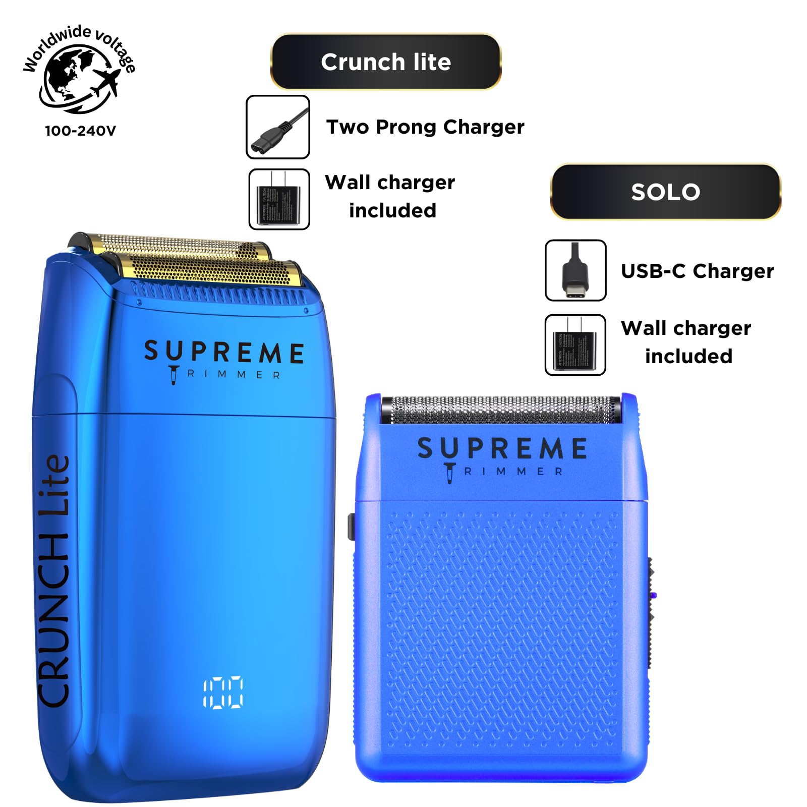 Supreme Trimmer Crunch Lite & Solo Foil Shaver Kit | Pro Barber Electric Foil Razer STF600 & STF101 Set | Blue