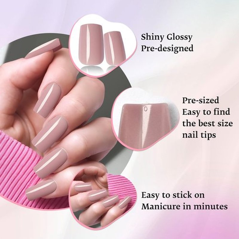 LoveOurHome 240pc Square Press on Nails Medium Fake Nails with Glue & Tabs, Medium Nails Press on Nails Square Acrylic Nails Nude Tan Glue on Nails False Nails Artificial Fingernails Stick on Nails