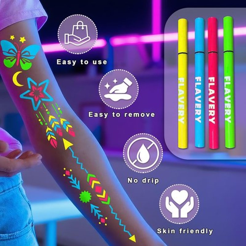 Glow in the Dark Temporary Tattoo Markers for Face Paint, 4PCS UV Neon Body Markers + 8 Sheets Temporary Tattoo Stencil for Adult, Flexible Brush Tip, Cosmetic Tattoo Pen, DIY Body Art Set