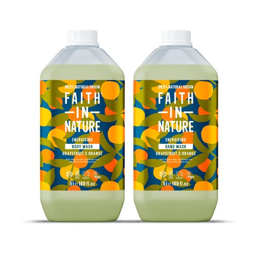 Faith In Nature Natural Hand Wash & Body Wash Set - Vegan & Cruelty Free, No SLS or Parabens - 2 x 169 fl oz Value Bundle Pack, Grapefruit & Orange