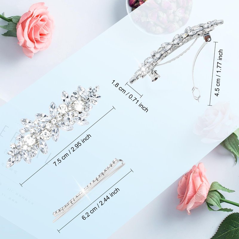 WHAVEL 4PCS Silver Rhinestone Hair Clips - Bride Barrettes Fancy Wedding Prom Formal Hair Accessories for Women
