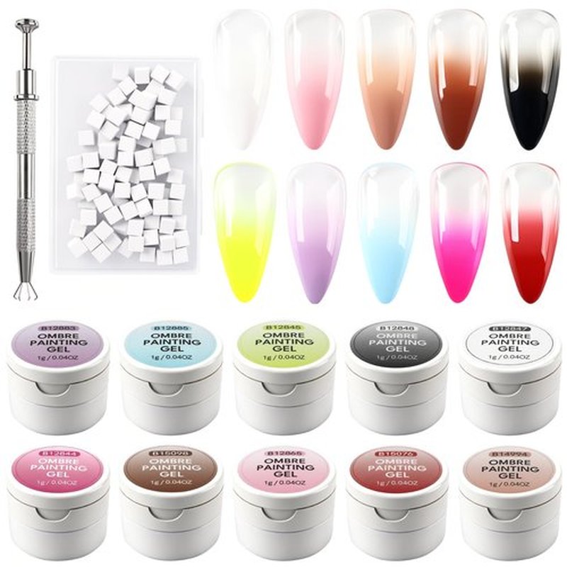 TADOPRO Ombre Gel Nail Polish Kit- 10 Colors Patting Gel Polish & 100 Mini Nail Sponges for Ombre & Grabbing Pen, Gradient Gel Nail Blush Blooming Aura French Nail Art Manicure Kit for DIY Home Salon