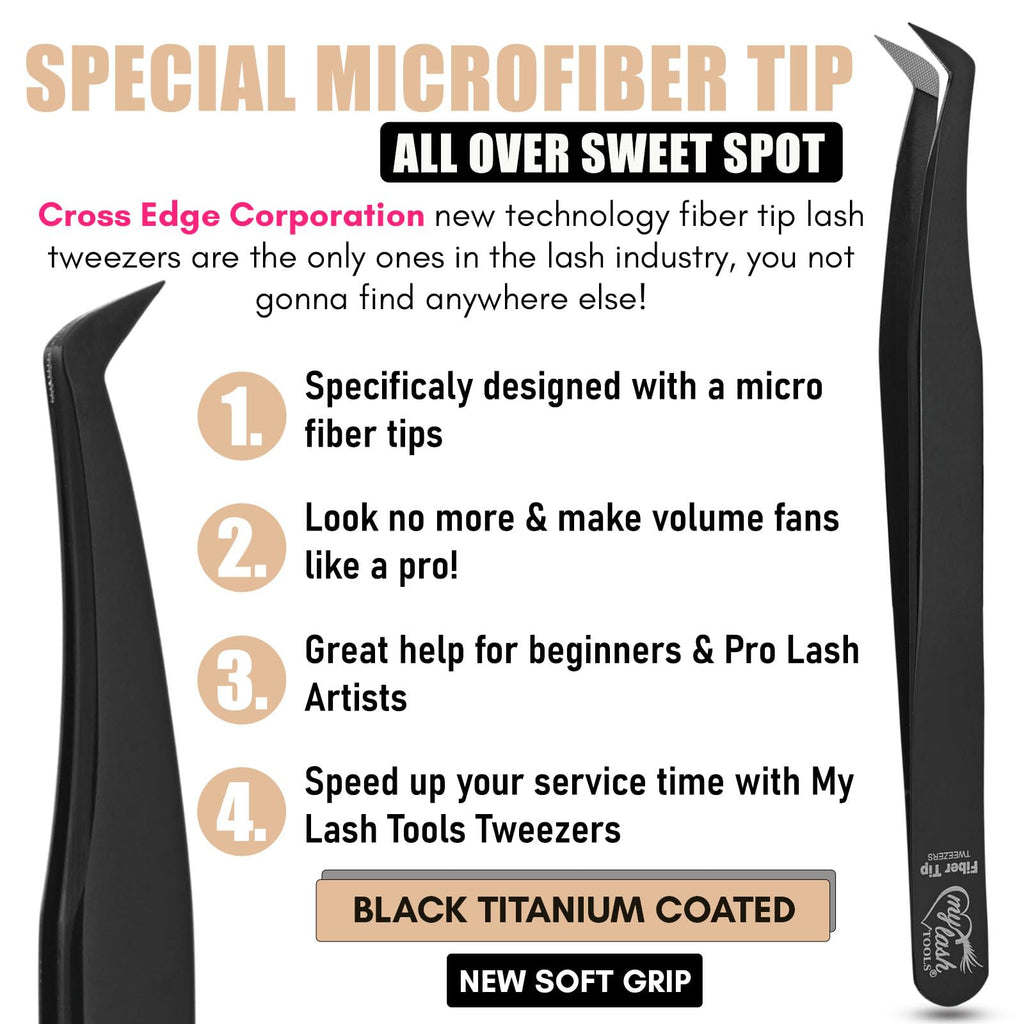 Fiber Tip Lash Tweezers for Eyelash Extensions – Mega Volume Precision Tweezer, Stainless Steel, Non Slip Grip, Professional Classic Lash Tool for Volume Fans (Black)