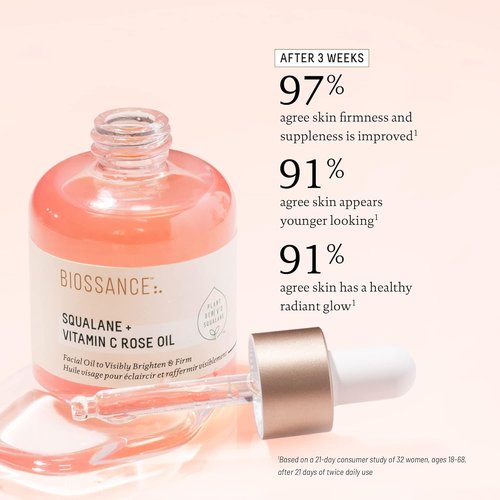 BIOSSANCE Squalane + Vitamin C Rose Facial Oil - Brightening & Hydrating Serum for All Skin Types | Chios Crystal Oil & Damascus Rose Extract