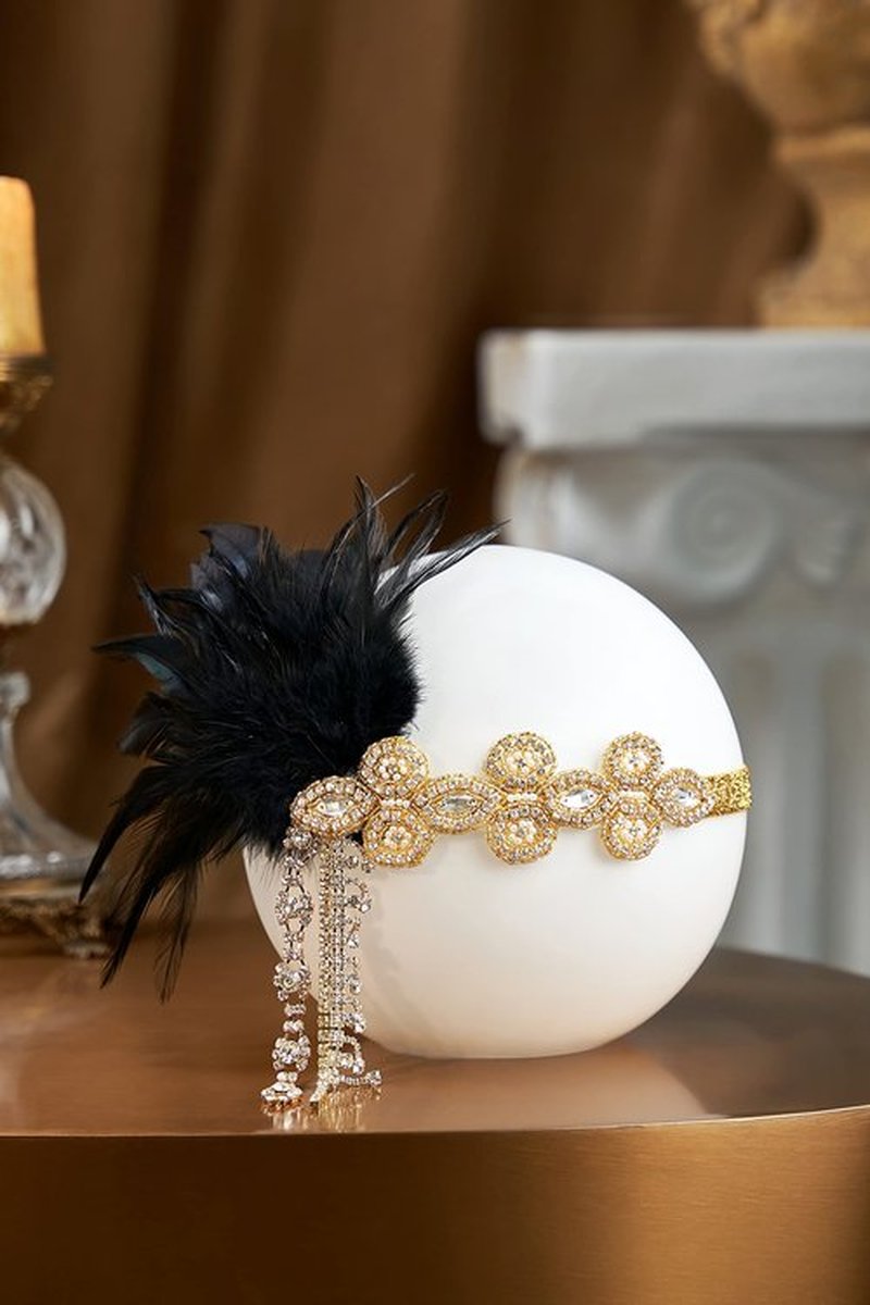 BABAEYOND 1920s Headpiece Flapper Headband - Feather Crystal Headpiece Flapper Accessories (Gold Black)