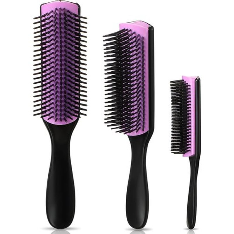 Patelai Hair Brush - 9-Row & 5-Row Cushion Nylon Detangling Brush for Natural Hair | Travel-Friendly, Black/Purple