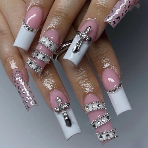 BABALAL Extra Long Press on Nails Square Fake Nails White French Tip Glue with Cross Charm Gothic Acrylic Nails Silver Chrome Leopard Y2k 24Pcs Squoval Handmade False Nails for Women Girls