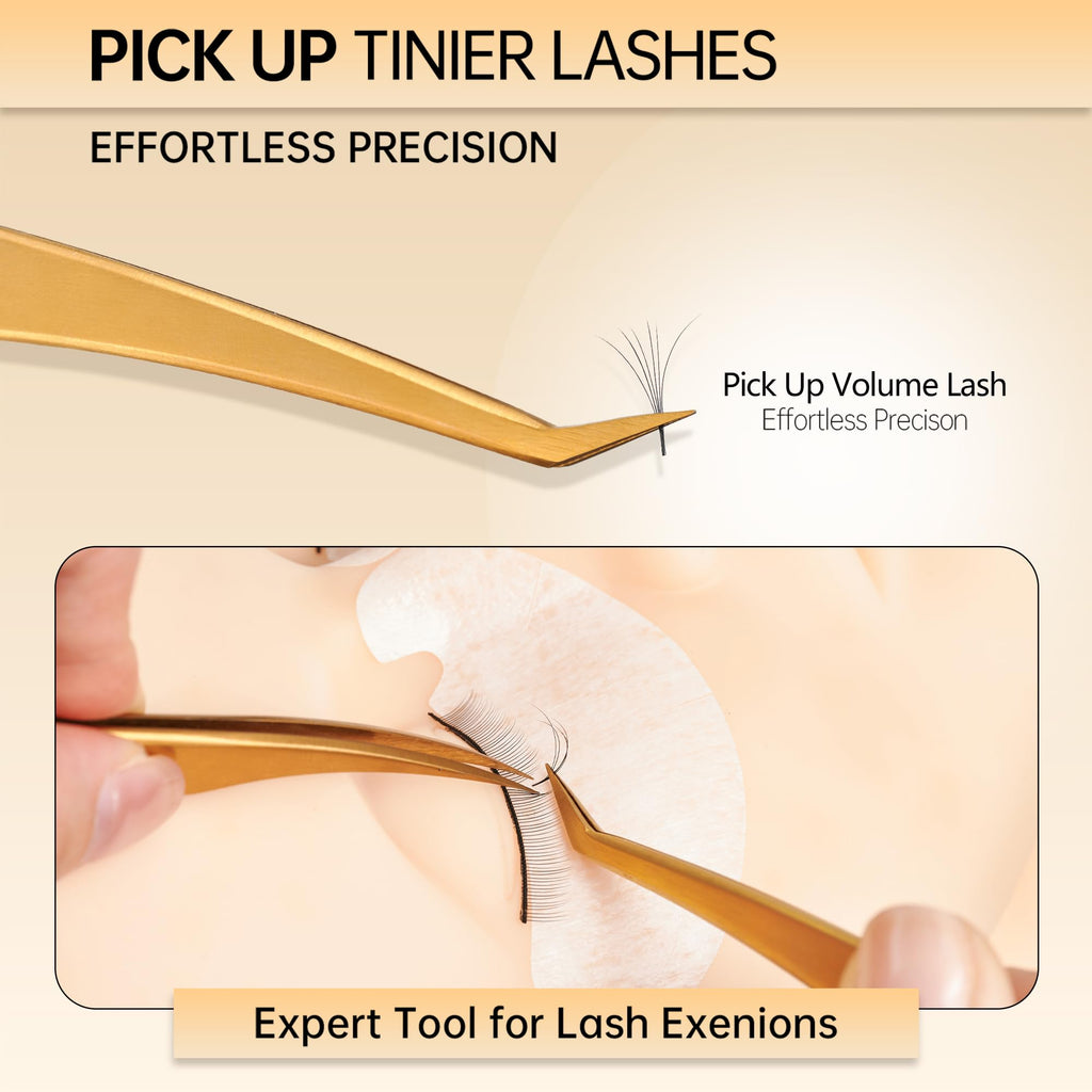 MGER Lash Tweezers for Eyelash Extension-Professional Lashing Tweezers for Mega Volume Mink Eyelashes Extensions Applying, Gold tweezers